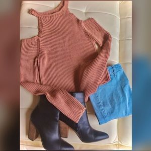 Tan open shoulder sweater
